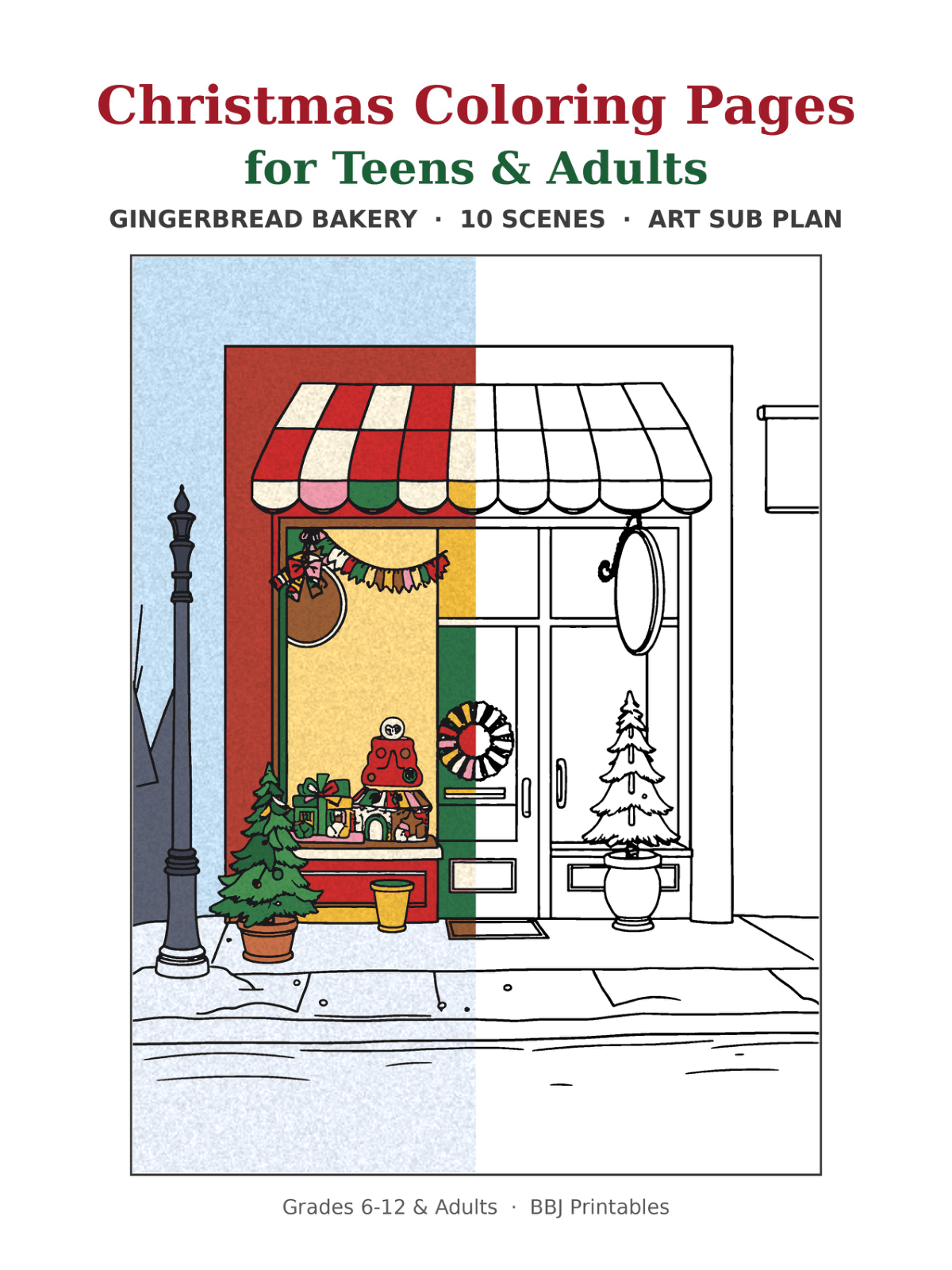 Preview of Christmas Coloring Pages for Teens & Adults: Gingerbread Bakery (10 Scenes + Art Sub Plan)