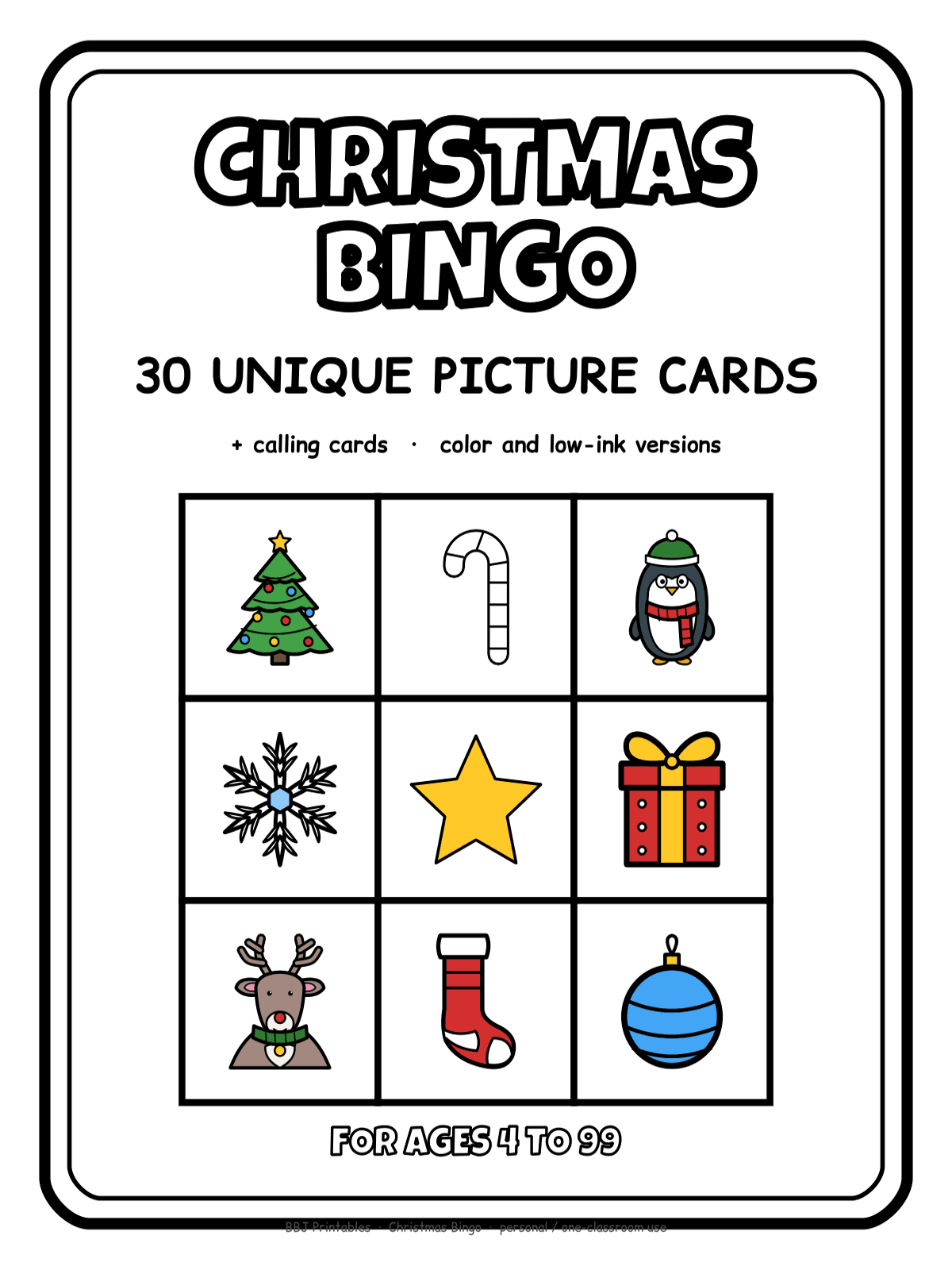 Preview of Christmas Bingo: 30 Unique Picture Cards + Calling Cards (Color & Low-Ink, Ages 4+)