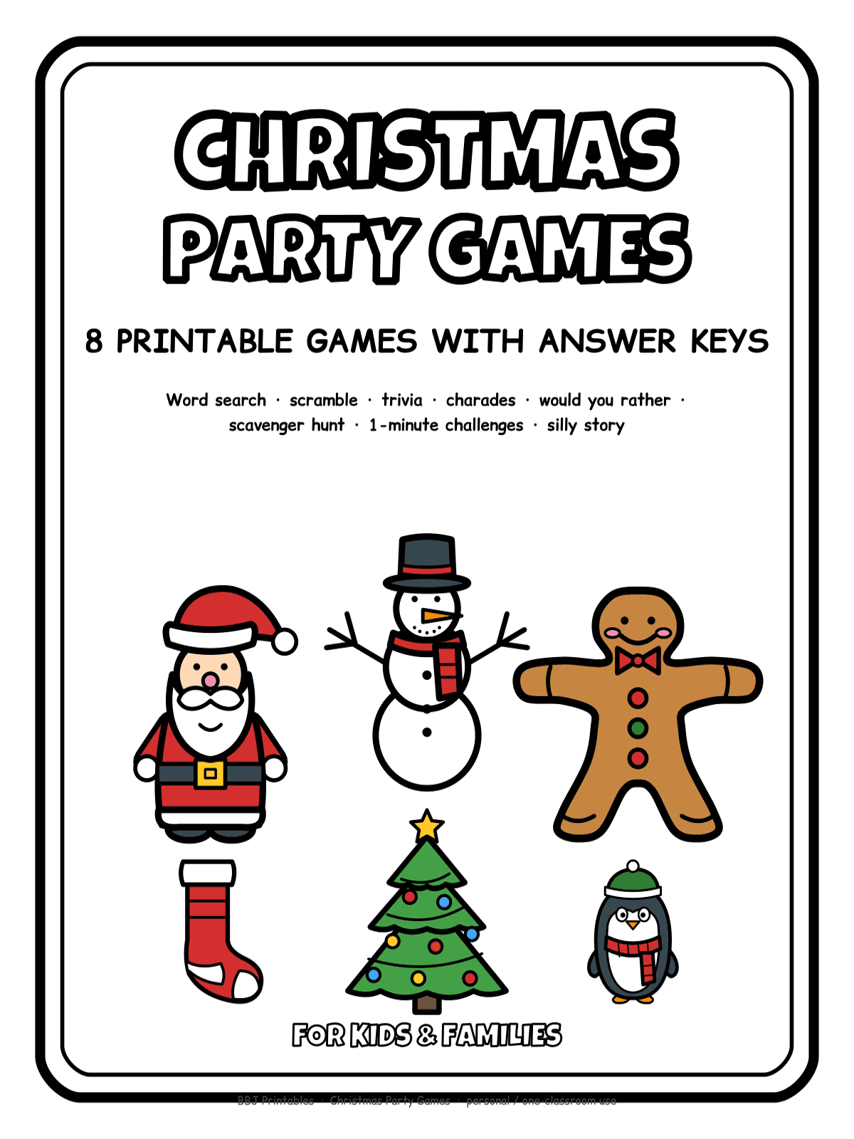 Preview of Christmas Party Games: 8 Printable Games with Answer Keys (Kids & Family)