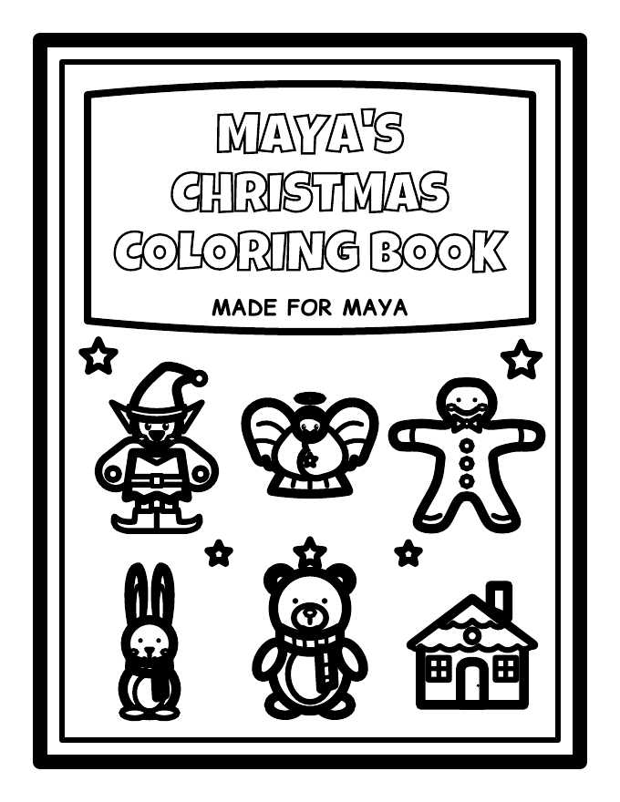 Sample personalized Christmas coloring book cover with a child's name